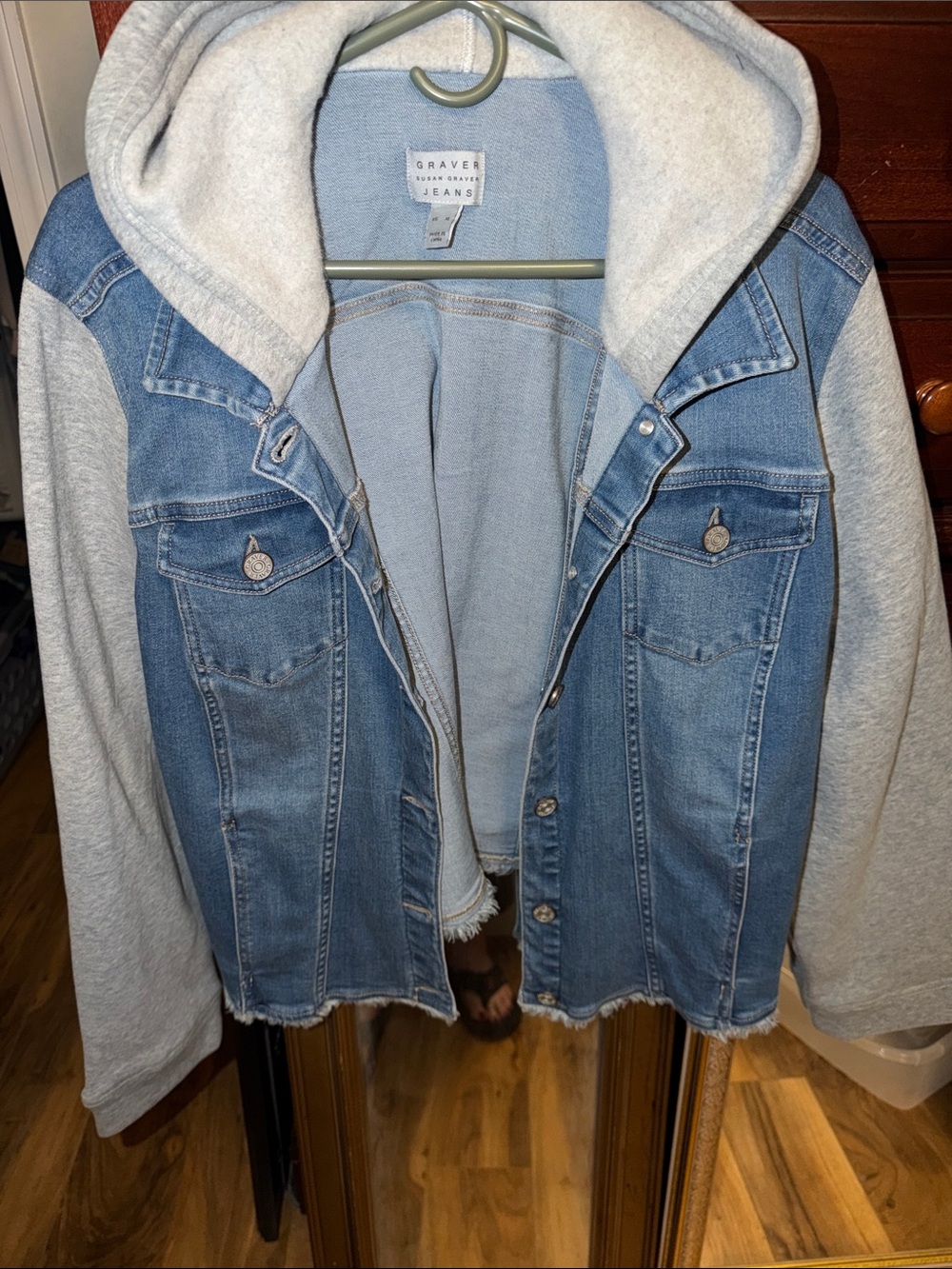 Susan Graver Light Blue Denim Jacket with Light Gray Hooded Sweater Sleeves